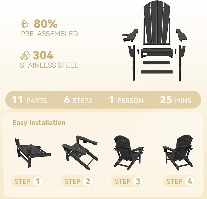 Mdeam 3-Position Adjustable Adirondack Chairs Set of 4, 400LBS Capacity, Cup Holder, Wooden Textured, All-Weather HDPE Folding Fire Pit Outdoor Chairs for Poolside Deck Patio Garden Yard Lawn - Black