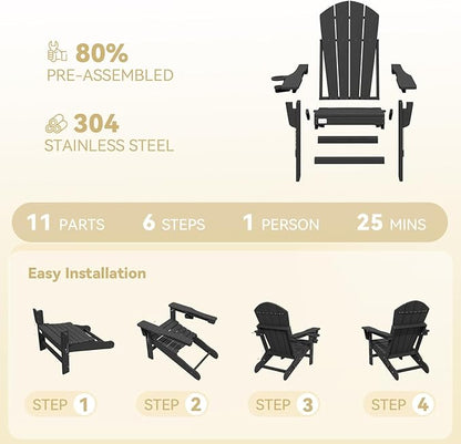 Mdeam 3-Position Adjustable Adirondack Chairs Set of 2, 400LBS Capacity, Cup Holder, Wooden Textured, All-Weather HDPE Folding Fire Pit Outdoor Chairs for Poolside Deck Patio Garden Yard Lawn - Black