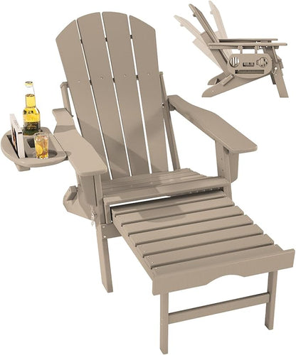FOOWIN Folding Adjustable Adirondack Chair with Retractable Ottoman, HDPE Adirondack Chair w/4 in 1 Cup Holder Trays,All-Weather Resistant Fire Pit Chair for Outdoor Patio Lawn, Brown