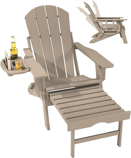 FOOWIN Folding Adjustable Adirondack Chair with Retractable Ottoman, HDPE Adirondack Chair w/4 in 1 Cup Holder Trays,All-Weather Resistant Fire Pit Chair for Outdoor Patio Lawn, Brown