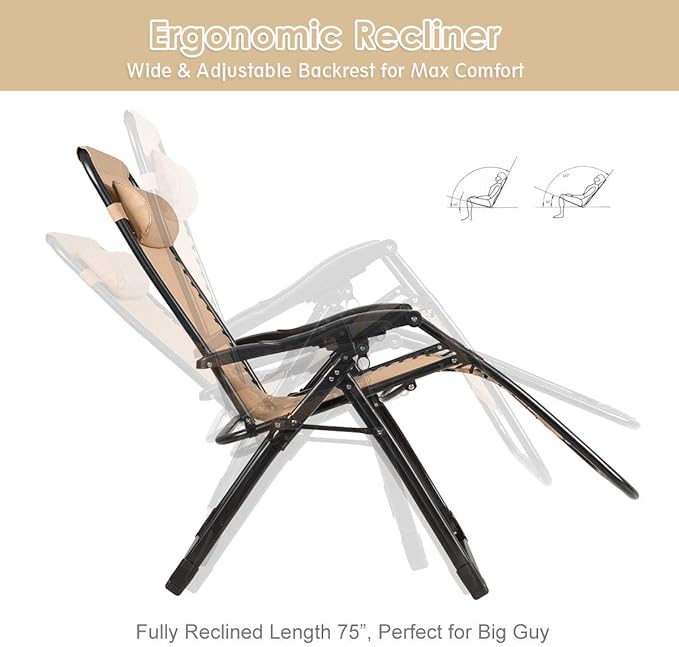 Goplus Oversized Zero Gravity Chair, XL-Extended Version, Outdoor Recliner w/Cup Holder & Detachable Headrest - Photo 8