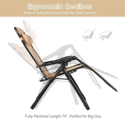 Goplus Oversized Zero Gravity Chair, XL-Extended Version, Outdoor Recliner w/Cup Holder & Detachable Headrest, Foldable Mesh Lounge Chairs for Patio Pool Porch & Deck, 500LBS (Beige)