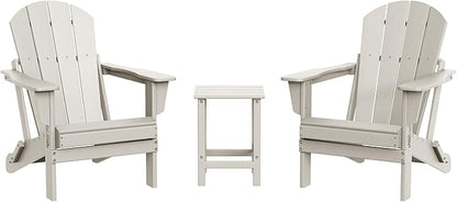 WestinTrends Malibu 3-Pieces Adirondack Chairs Set with Side Table, All Weather Outdoor Seating Plastic Patio Lawn Chair Folding for Outside Porch Deck Backyard, Sand