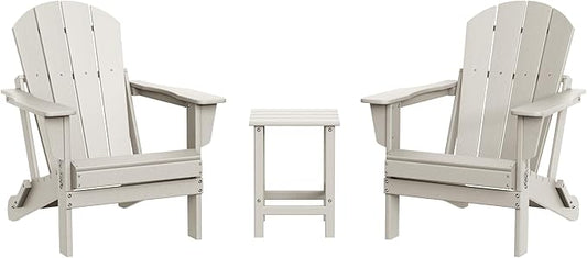 WestinTrends Malibu 3-Pieces Adirondack Chairs Set with Side Table, All Weather Outdoor Seating Plastic Patio Lawn Chair Folding for Outside Porch Deck Backyard, Sand