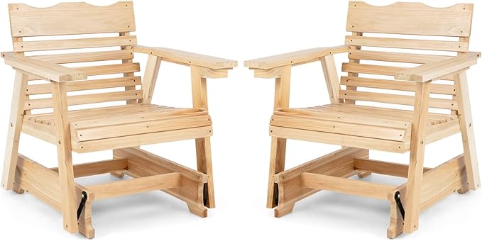 Giantex Outdoor Glider Rocking Chair - Set of 2 Wood Porch Rocker with High Back, Widened Armrests, Curved Seat, Rotatable Cup Holder, Patio Slat Rocking Chair for Yard, Balcony, Poolside, Natural
