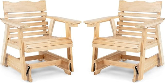 Giantex Outdoor Glider Rocking Chair - Set of 2 Wood Porch Rocker with High Back, Widened Armrests, Curved Seat, Rotatable Cup Holder, Patio Slat Rocking Chair for Yard, Balcony, Poolside, Natural