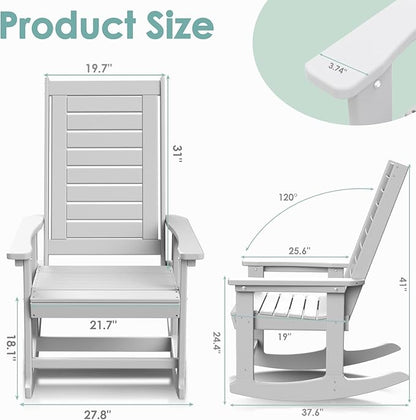IVY&LANE Rocking-Chair-Outdoor | Porch-Rocker | White | HDPE Plastic | All-Weather | High Back | Wide Seat | Oversized Patio Rocker for Adult | for Outside Deck Balcony Garden