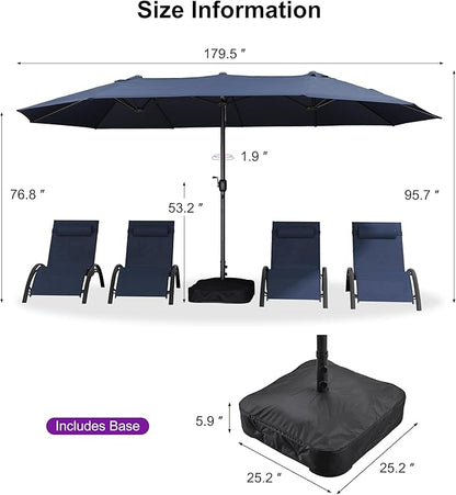 PURPLE LEAF Patio Oversized Chaise Lounge with 15FT Umbrella Outdoor Lounge Chair Beach Pool Sunbathing Lawn Lounger, Base and Side Table Included, Navy Blue