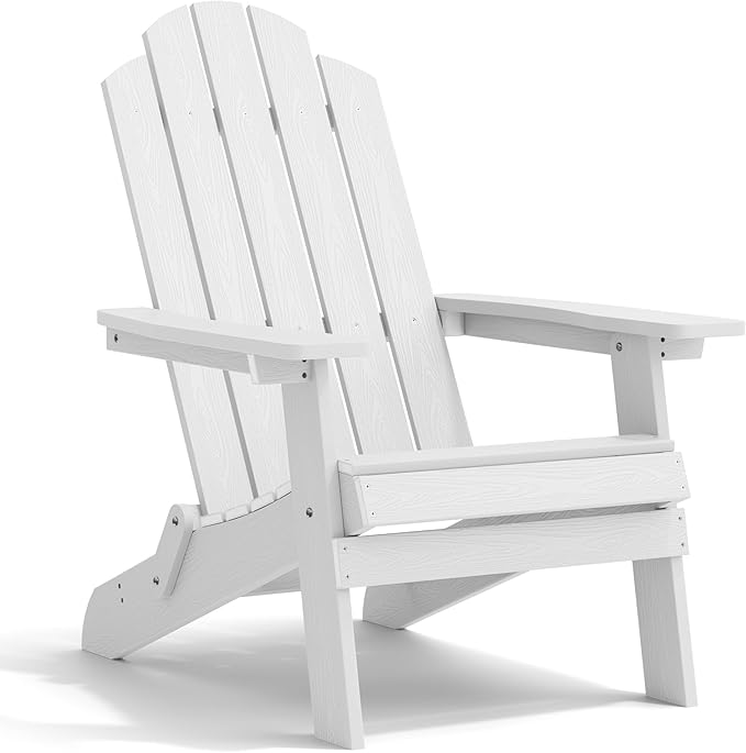 MXIMU Folding Adirondack Chair for Outdoor: Easy to Assemble and Comfortable Adirondack Chairs - All Weather Composite Plastic Chair for Outside Fire Pit Patio Lawn Garden Backyard Use(White)