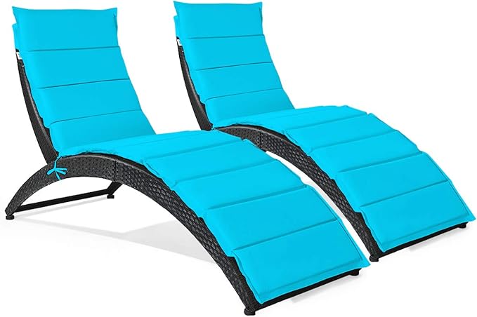 Tangkula Foldable Patio Lounge Chair, Outdoor Rattan Lounger Chaise, Portable Patio Chaise with Cushion, All-Weather Wicker Furniture for Garden Lawn Balcony Backyard Poolside (2, Turquoise)