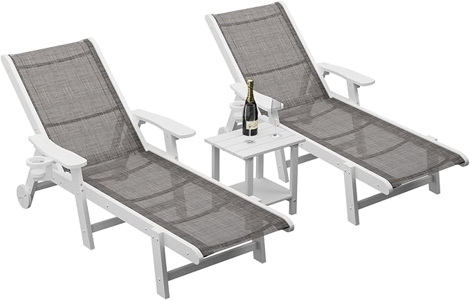 Outdoor Chaise Lounge Chair with Table Set of 3, 5-Position Adjustable Pool Lounge Chair with Wheels & Cup Holder - Photo 1