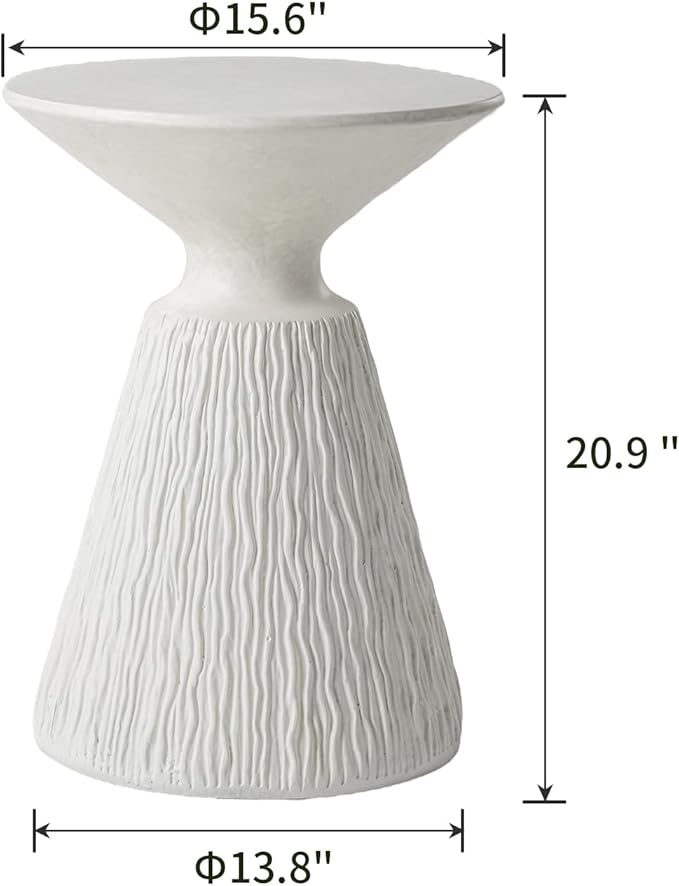 SUNBURY White Outdoor Side Table, Concrete Side Table, Mushroom Round Accent Table Plant Stand,Outside End Marble Garden Stool for Patio, Poolside, White