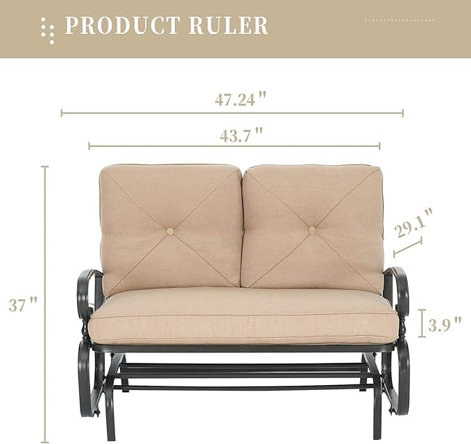 SUNCROWN Outdoor Swing Glider Chair, Patio 2 Seats Loveseat Rocking Chair with Cushions, Steel Frame Furniture - Brown - Photo 2