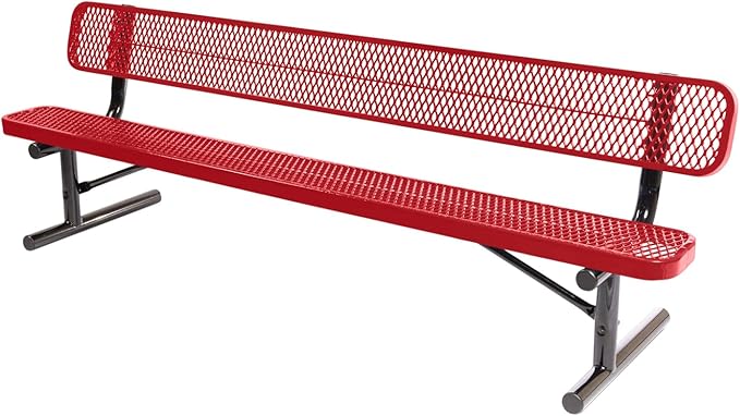 COATEDOUTDOORFURNITURE Heavy-Duty Portable Outdoor Bench Thermoplastic Coated, Expanded Metal, Commercial-Grade Seating, Made in America (Portable with Back, 8 Ft, Textured Red)