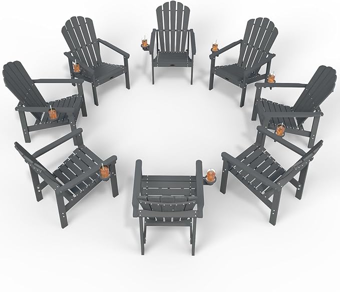 Stackable Adirondack Chair Set of 8, HDPE All-Weather Adirondack Chairs - Durable and Space Saving, Plastic Outdoor Fire Pit Chairs with Cup Holder,Grey