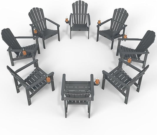 Stackable Adirondack Chair Set of 8, HDPE All-Weather Adirondack Chairs - Durable and Space Saving, Plastic Outdoor Fire Pit Chairs with Cup Holder,Grey