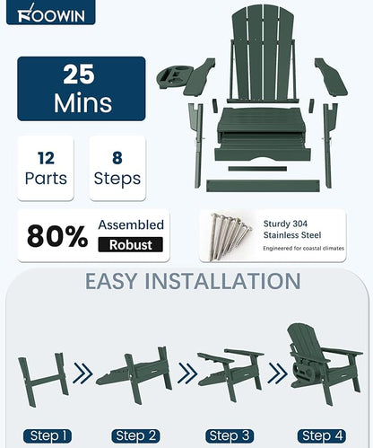 FOOWIN Folding Adjustable Adirondack Chair with Retractable Ottoman Set of 4, HDPE Adirondack Chair w/4 in 1 Cup Holder Trays,All-Weather Resistant Fire Pit Chair for Outdoor Patio Lawn, Dark Green