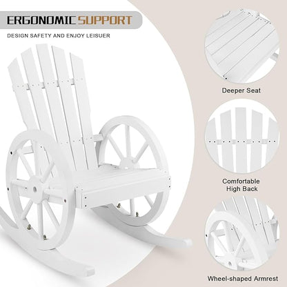 Outvita Adirondack Rocking Chair, Wood Wagon Rocker, Outdoor Wooden Carbonized Lounge Chairs with Wheel Armrest for Garden Patio Country Yard Porch(White)