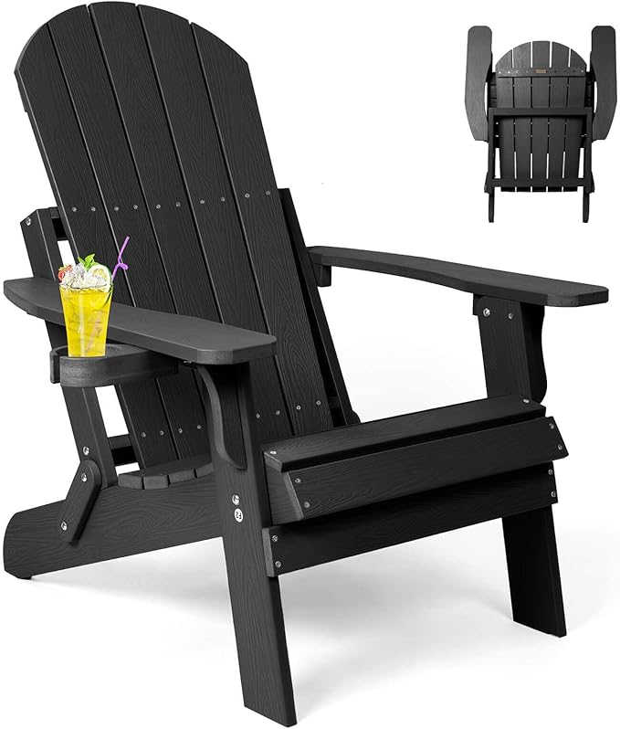 Folding Adirondack Chair, All Weather Resistant Plastic Chairs with Cup Holder, Fold or Unfold Easily in 1 Second, Outdoor Chairs for Patio, Garden, Backyard Deck, Lawn Fire Pit(Black)