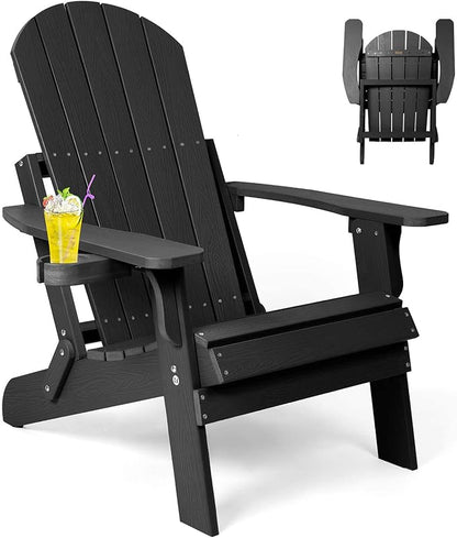 Folding Adirondack Chair, All Weather Resistant Plastic Chairs with Cup Holder, Fold or Unfold Easily in 1 Second, Outdoor Chairs for Patio, Garden, Backyard Deck, Lawn Fire Pit(Black)
