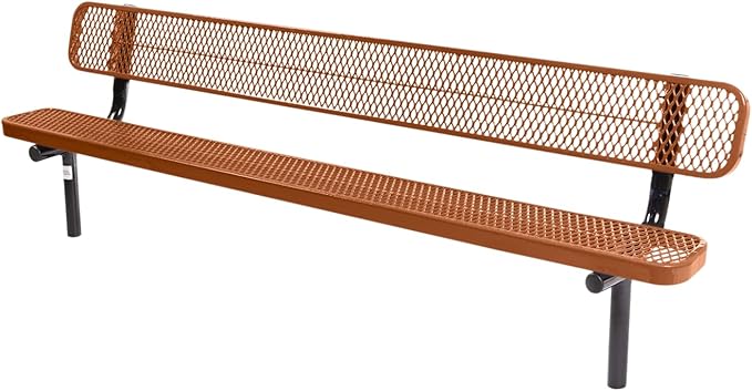 COATEDOUTDOORFURNITURE Heavy-Duty Outdoor Bench Thermoplastic Coated, Expanded Metal, Commercial-Grade Seating, Made in America (Inground with Back, 8 Ft, Textured Copper)