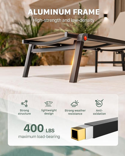 Aluminum Chaise Foldable Patio Lounge Chair Outdoor, Metal Deck Lounger Adjustable 5-Position Recliner Pool Chase Breathable Full Flat Outside Sun Tanning Chairs for Beach/Poolside/Lawn(Khaki, 1 Pack)