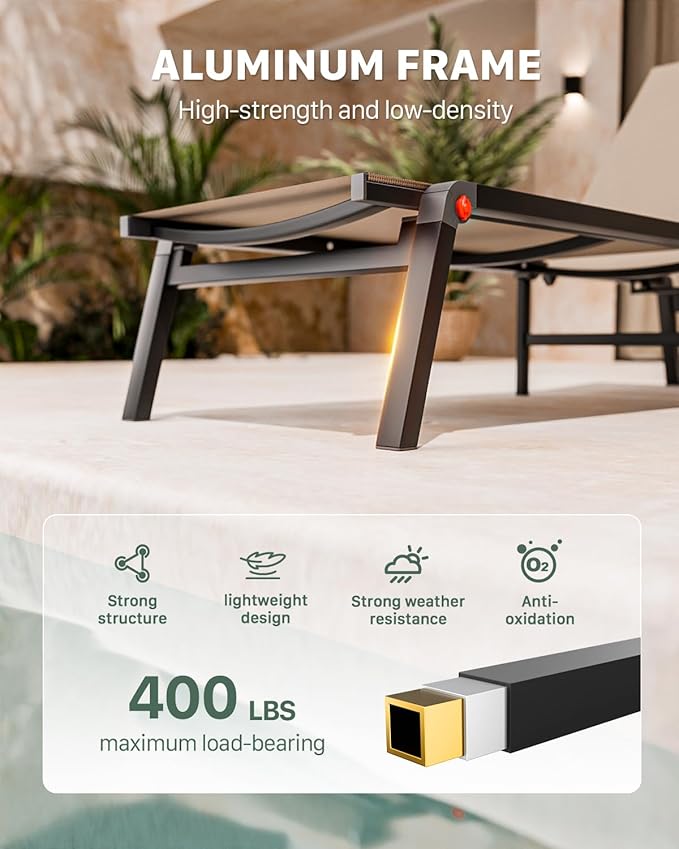 Aluminum Chaise Foldable Patio Lounge Chair Outdoor, Metal Deck Lounger Adjustable 5-Position Recliner Pool Chase Breathable Full Flat Outside Sun Tanning Chairs for Beach/Poolside/Lawn(Khaki, 2 Pack)