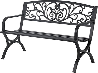 50" Black Metal Garden Bench - 2-Person Outdoor Loveseat with Floral Design, 485 lbs Capacity for Patio, Porch & Yard