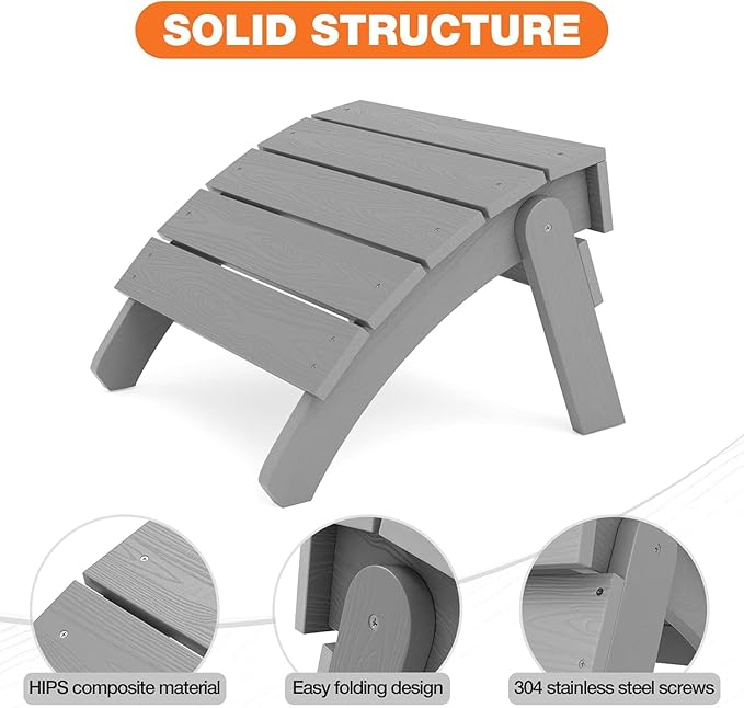 YEFU Adirondack Ottoman Set of 4, Adirondack Foot Rest, Patio Foot Rest, Folding Adirondack Footstool, Weather Resistant for Adirondack Chair, Widely Used for Outdoor, Porch, Backyard, Fire Pits-Gray
