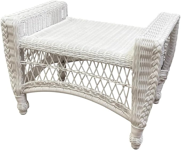 Cape Cod White Wicker Patio Ottoman - Outdoor All Weather Wicker Footstool - Resin Aluminum Framed Bench- NO Cushion