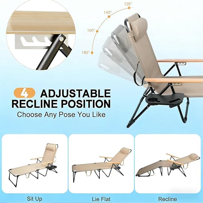 Folding Outdoor Chaise Lounge Chair with Arms, 4 Reclining Back Sunbathing Lounge Chair - Photo 4