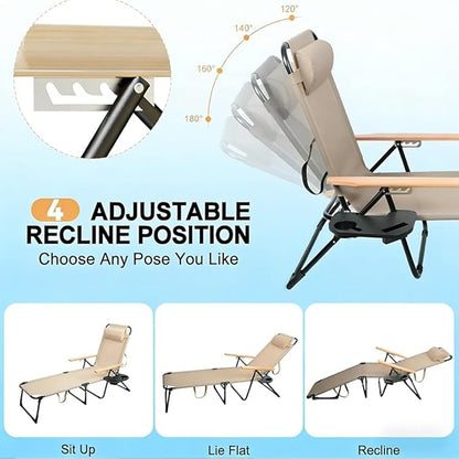 Folding Outdoor Chaise Lounge Chair with Arms, 4 Reclining Back Sunbathing Lounge Chair, Sun Tanning Chairs for Outside Portable with Cup Holders for Beach Patio Camping Poolside Yard (Beige)
