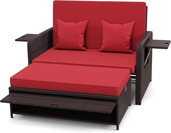 LDAILY Moccha Outdoor Daybed, Wicker Loveseat Sofa Set with 4-Postion Adjustable Backrest, Storage Ottoman, Cushions - Photo 9