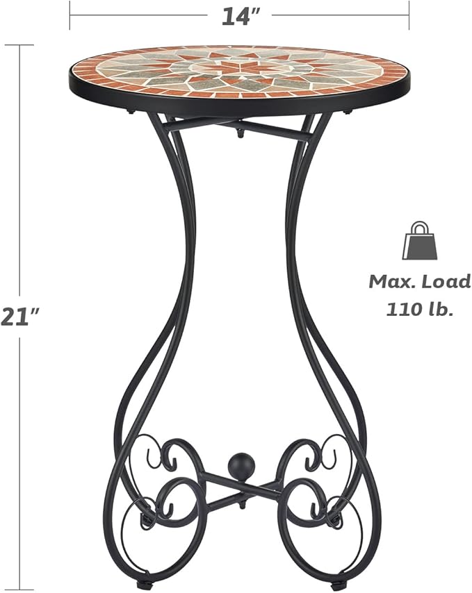 VONLUCE Outdoor Side Table and Mosaic Plant Stand, 21" Round End Table with 14" Ceramic Tile Top for Patio Porch Decor, Indoor and Outdoor Accent Table, Small Coffee Table for Home Garden, Quilt Star