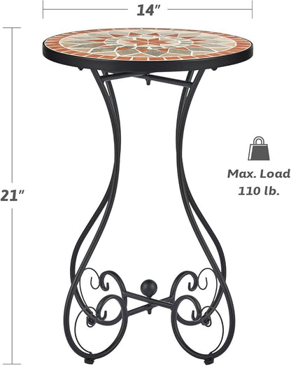 VONLUCE Outdoor Side Table and Mosaic Plant Stand, 21" Round End Table with 14" Ceramic Tile Top for Patio Porch Decor, Indoor and Outdoor Accent Table, Small Coffee Table for Home Garden, Quilt Star