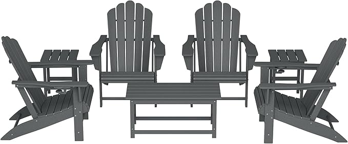 Costaelm Lakeview 7-Piece HDPE Outdoor Patio Furniture Adirondack Conversation Set, Gray