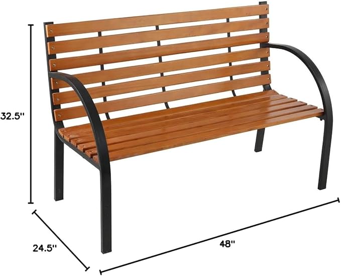 Outdoor Wood Garden Bench with Steel Legs, 48" Garden Wooden Bench,2-Person Slatted Bench,Deck Hardwood Cast Iron Chair for Patio Front Porch Path Yard Lawn
