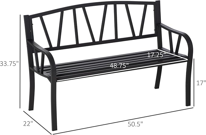 50" Metal Garden Bench, Black Outdoor Bench for 2 People, Park-Style Patio Seating, Decor with Smooth Armrests, Slatted Seat and Backrest, Black