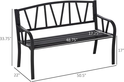 50" Metal Garden Bench, Black Outdoor Bench for 2 People, Park-Style Patio Seating, Decor with Smooth Armrests, Slatted Seat and Backrest, Black