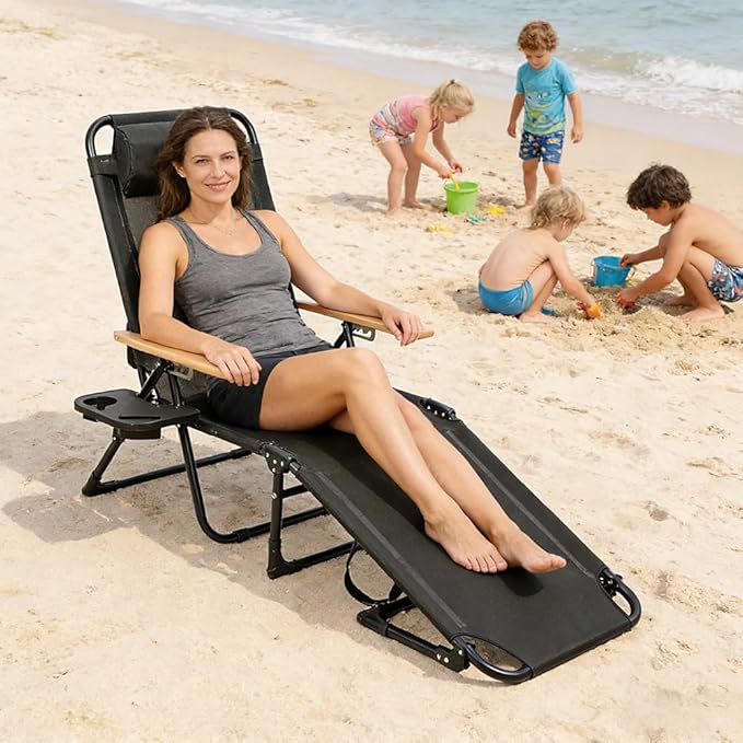 Folding Outdoor Chaise Lounge Chair with Arms, 4 Reclining Back Sunbathing Lounge Chair - Photo 6