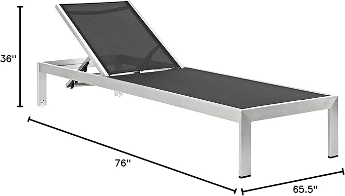 Modway Shore Aluminum Textilene® Mesh Outdoor Patio 3-Piece Poolside Chaise Lounge Chair and Side End Table Set in Silver Black