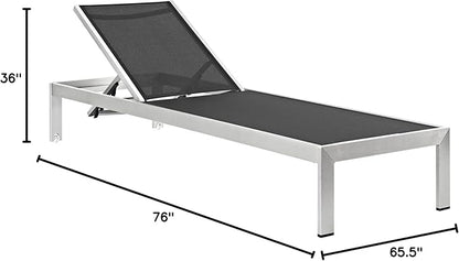 Modway Shore Aluminum Textilene® Mesh Outdoor Patio 3-Piece Poolside Chaise Lounge Chair and Side End Table Set in Silver Black