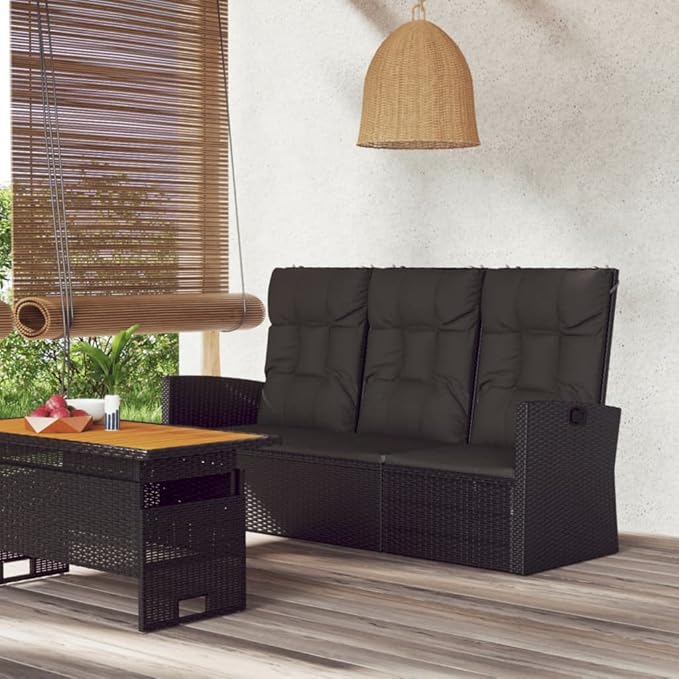 Garden Bench Deck Bench Reclining Patio Bench with Cushions Black 68.1" Poly Rattan - Photo 1