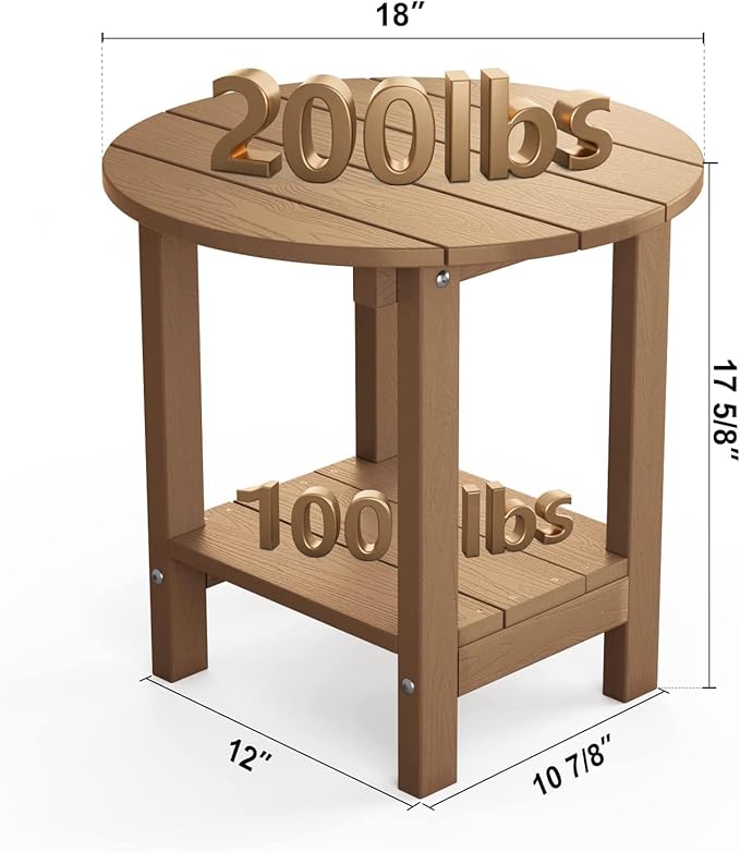 MXIMU Round Outdoor Side Table Adirondack Tables 18 Inch Chairside End Tables with Storage Shelf, 2-Tier Plastic Patio Side Table, Weather Resistant for Balcony Backyard Lawn (Teak, 2 Pack)
