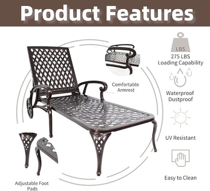 Chaise Outdoor Aluminum Lounge Chair with Wheels, 3-Position Adjustable Recliner Furniture Set for Poolside, Backyard and Patio (1pc, Antique Bronze)