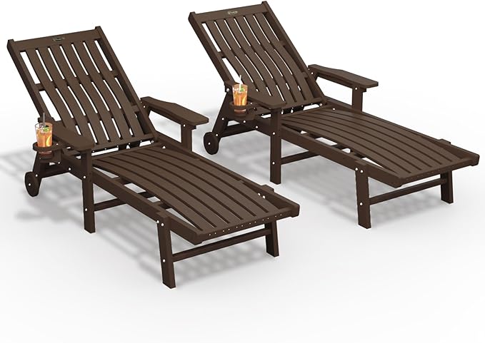 THOEOE Patio Chaise Lounge Chair Set of 2, Oversized Lounge Chair Outdoor with 5 Positions, HDPE, Patio Lounge Chair with Wheels & Cup Holder for Pool, Deck, Poolside,Brown