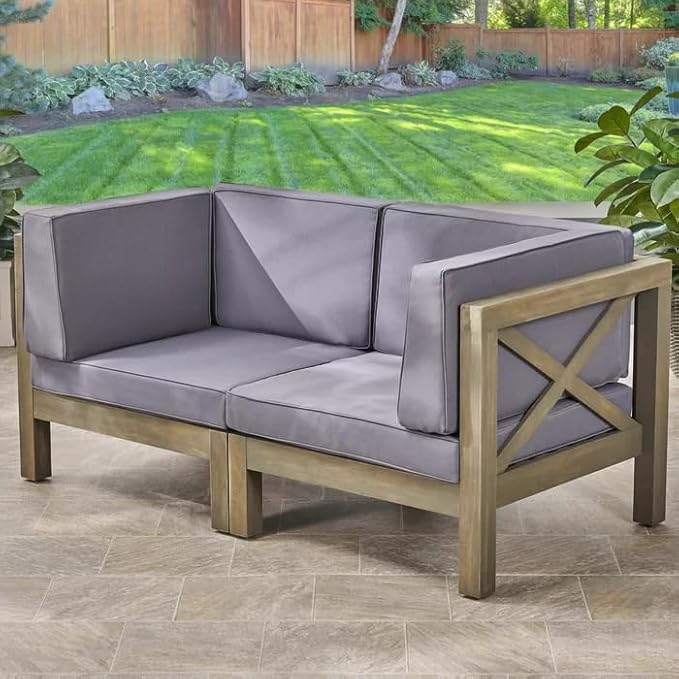roomfitters Outdoor X-Back Loveseat with Acacia Wood Frame and Weather-Resistant Cushions, Dark Grey - Photo 1