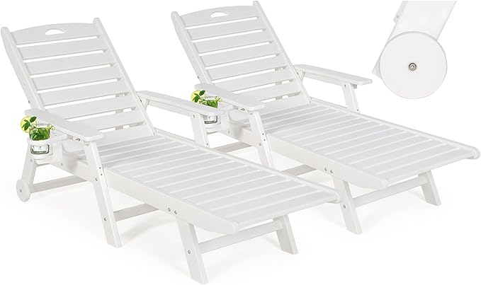 nalone Outdoor Chaise Lounge Chair Set of 2 with Wheels & Cup Holder, HDPE Pool Lounge Chairs with 5-Position Adjustable Backrest Supports Up to 400 LBS for Patio Poolside Deck Beach Backyard (White)