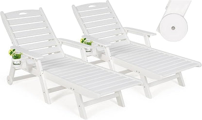 nalone Outdoor Chaise Lounge Chair Set of 2 with Wheels & Cup Holder, HDPE Pool Lounge Chairs with 5-Position Adjustable Backrest Supports Up to 400 LBS for Patio Poolside Deck Beach Backyard (White)
