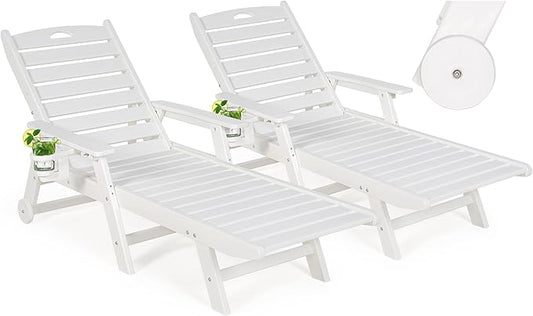 nalone Outdoor Chaise Lounge Chair Set of 2 with Wheels & Cup Holder, HDPE Pool Lounge Chairs with 5-Position Adjustable Backrest Supports Up to 400 LBS for Patio Poolside Deck Beach Backyard (White)